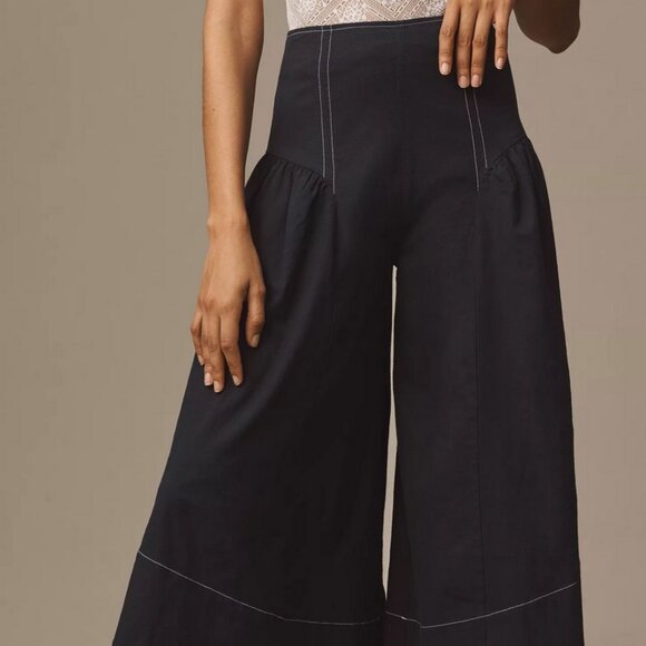 By Anthropologie Extended Waist Pants Linen Navy Blue Wide Leg Crops sz 14 NWT - Picture 3 of 4